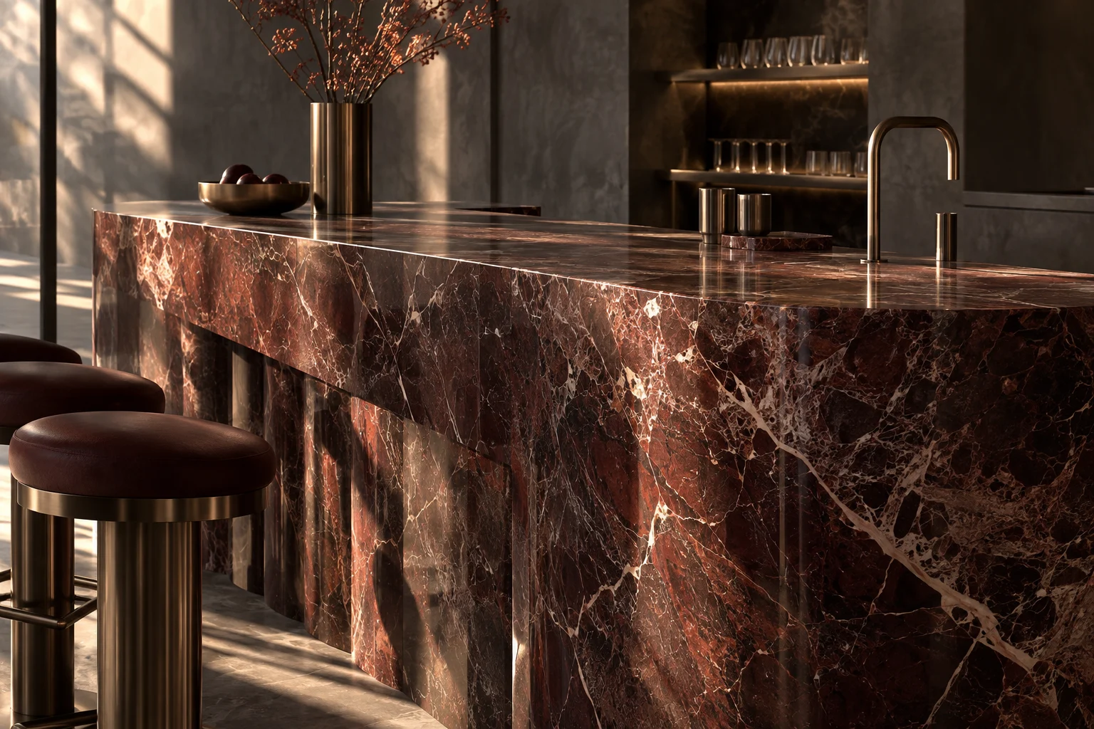 AI concept: a richly veined burgundy stone bar with warm metal details
