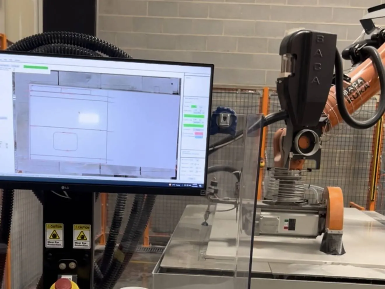 The Stone Studio’s BACA sawjet and operator station on the fabrication floor