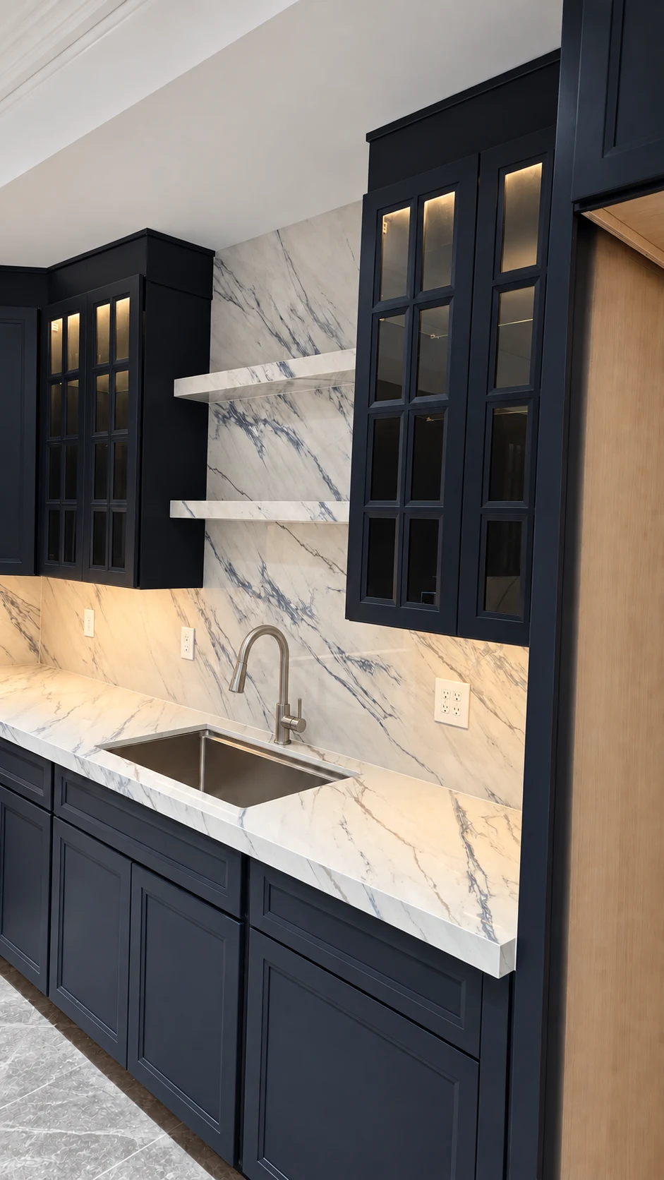 Stone and floating shelves — Stone Studio project photograph, digitally retouched
