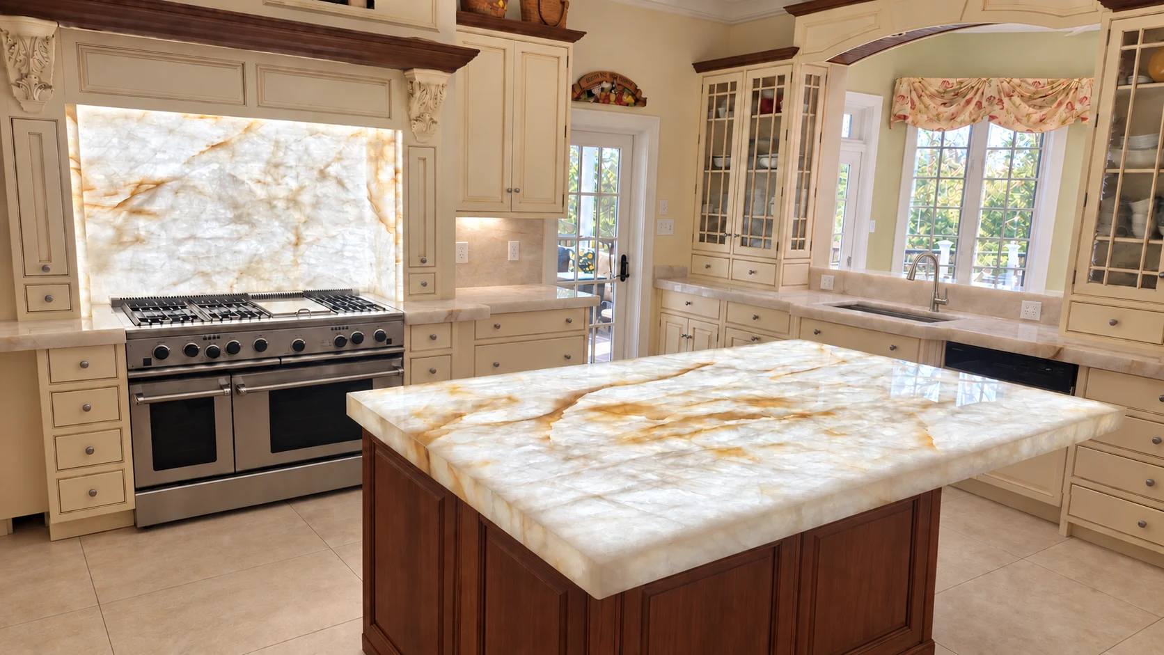 Crystallos illuminated stone island and backsplash by The Stone Studio; fixtures and surrounding finishes digitally visualized