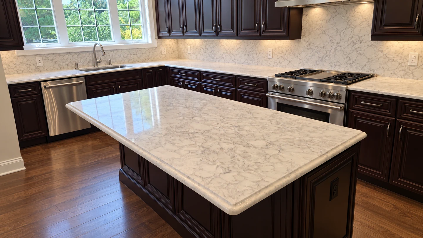 White veined island and full-height backsplash with dark wood cabinetry; retouched setting, stone color and veining preserved