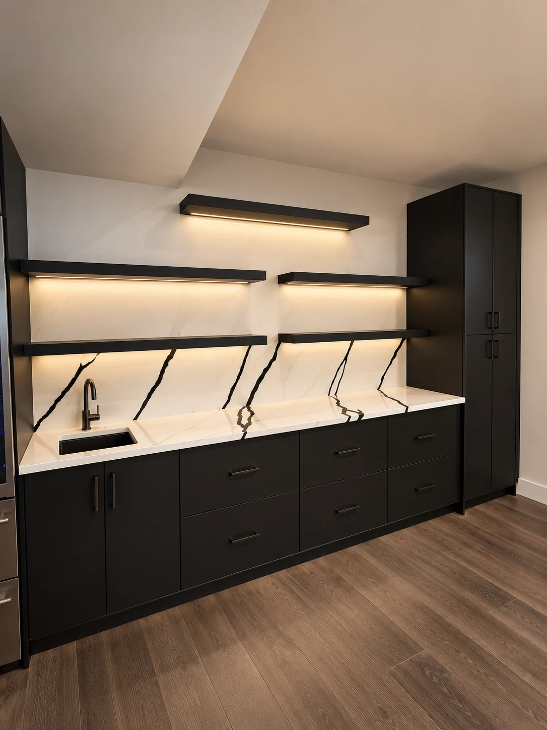 White stone with bold dark veins across a wet bar and backsplash; retouched setting, stone color and veining preserved
