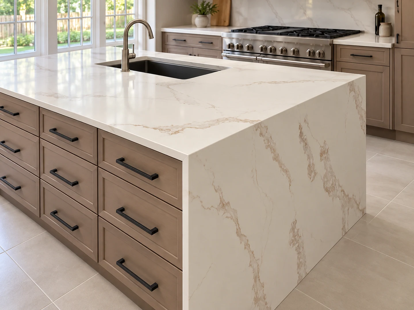 White and gold veined waterfall island with an undermount sink; retouched setting, stone color and veining preserved