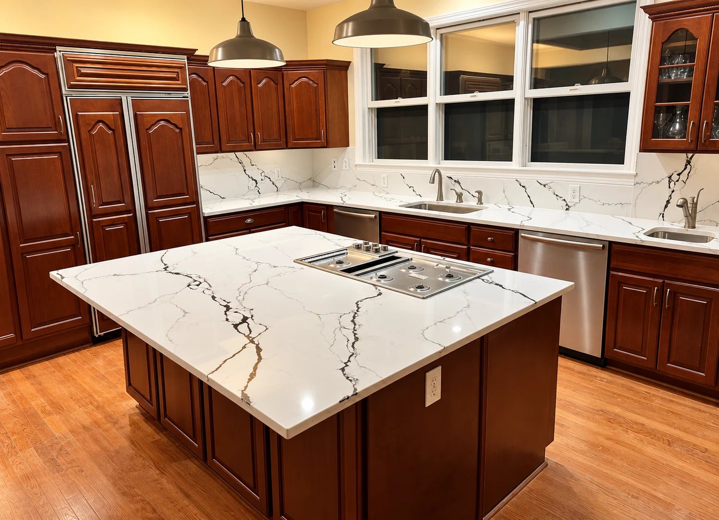 White stone with dark veins across an island and kitchen backsplash; retouched setting, stone color and veining preserved