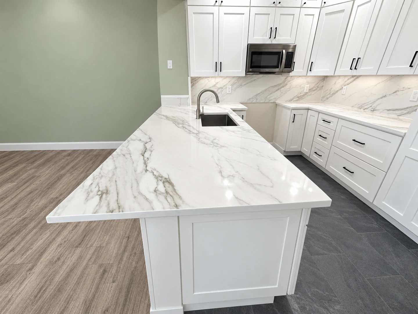 White and gray veined peninsula and backsplash with white cabinetry; retouched setting, stone color and veining preserved