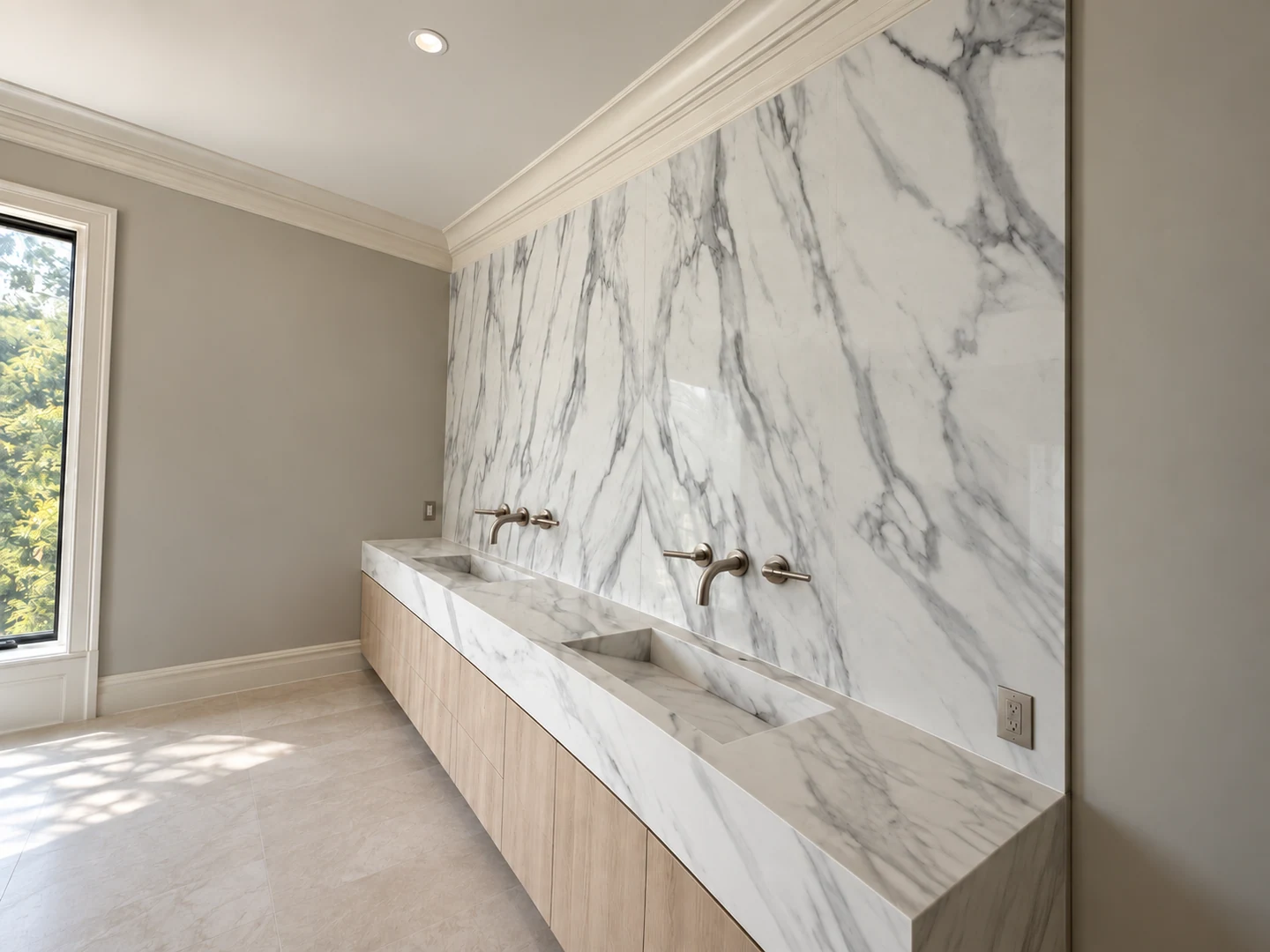 Double stone vanity with integrated basins and bookmatched wall panels; retouched setting, stone color and veining preserved