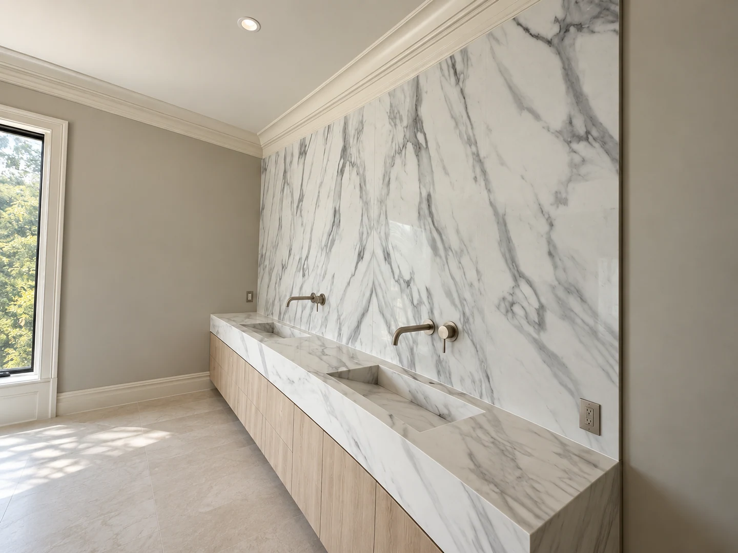 Angled double stone vanity with an alternative visualized faucet setting; retouched setting, stone color and veining preserved