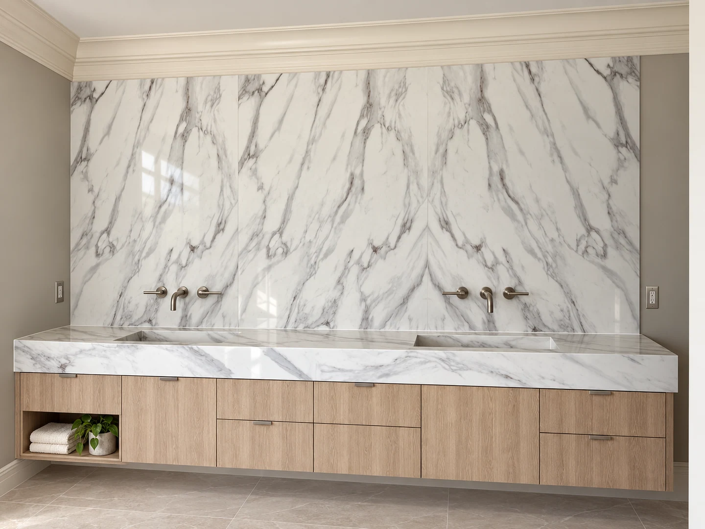 Front view of a floating double vanity and bookmatched stone wall; retouched setting, stone color and veining preserved