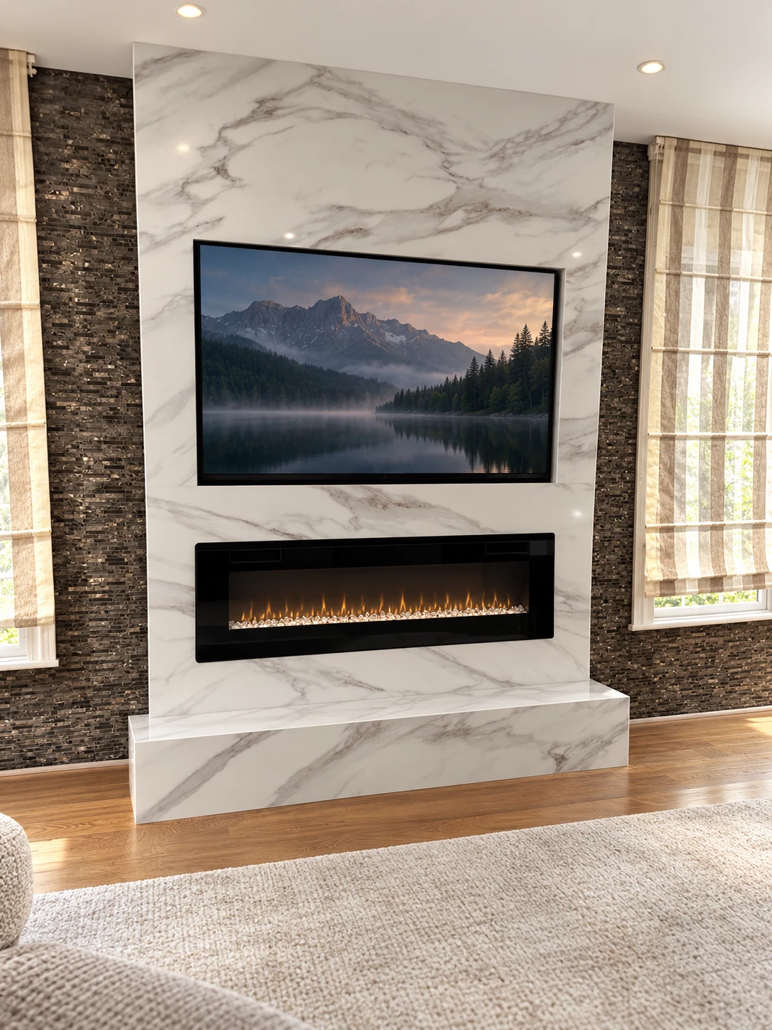 White and gray veined fireplace surround and raised hearth; retouched setting, stone color and veining preserved