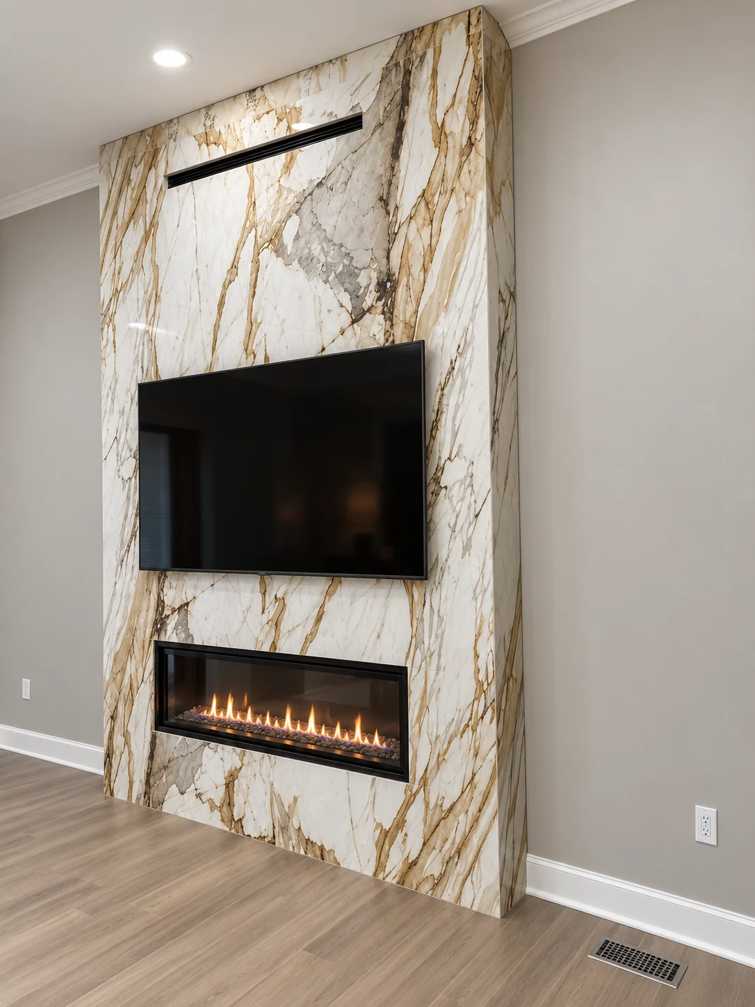White and gold veined floor-to-ceiling fireplace surround; retouched setting, stone color and veining preserved