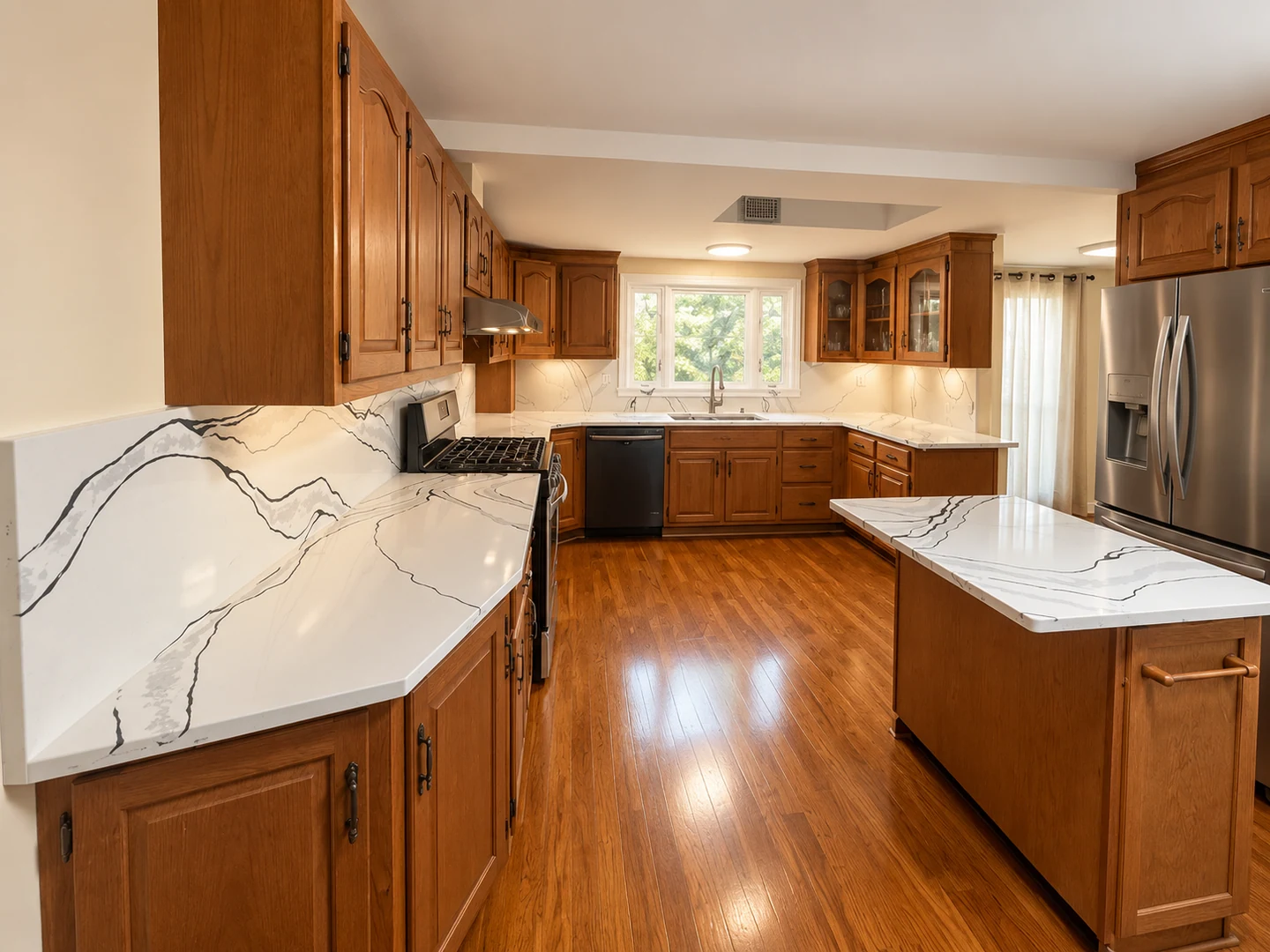 White counters and backsplash with flowing dark veins and wood cabinets; retouched setting, stone color and veining preserved